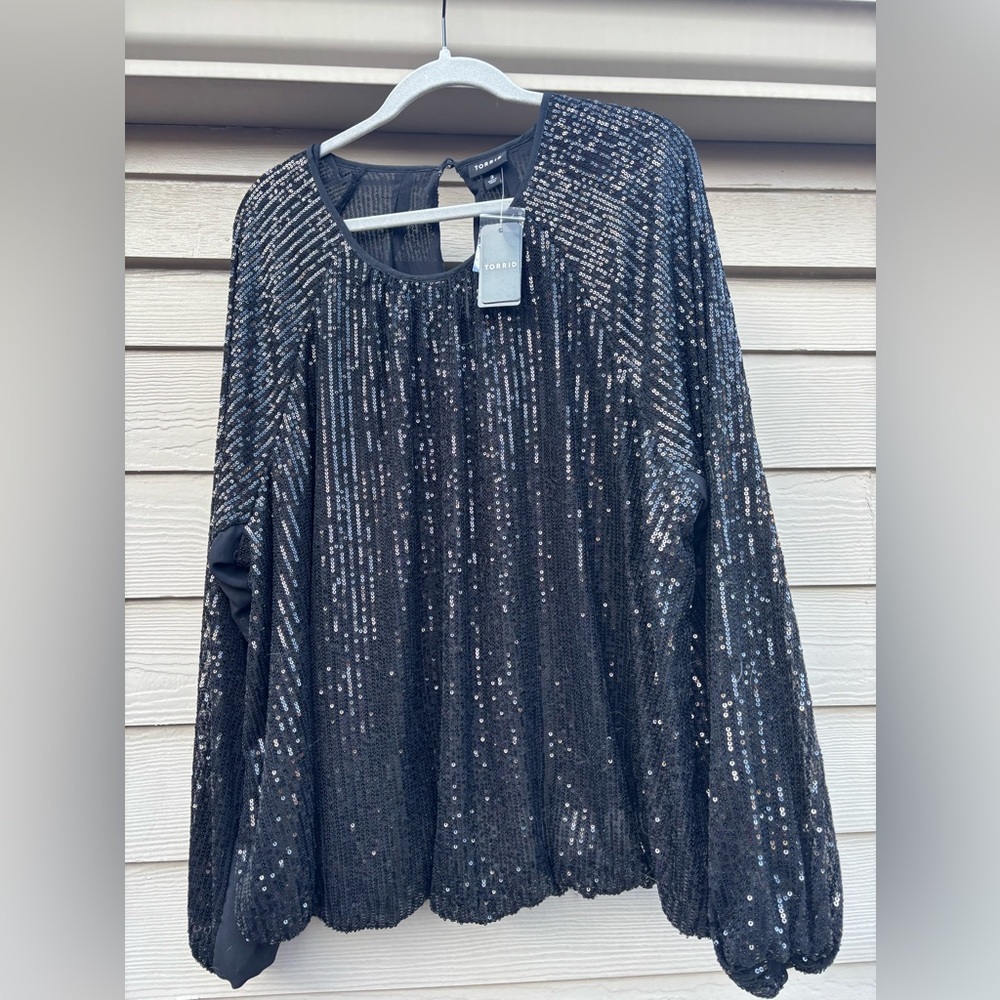 Black Sequin Blouse with Bubble Sleeves